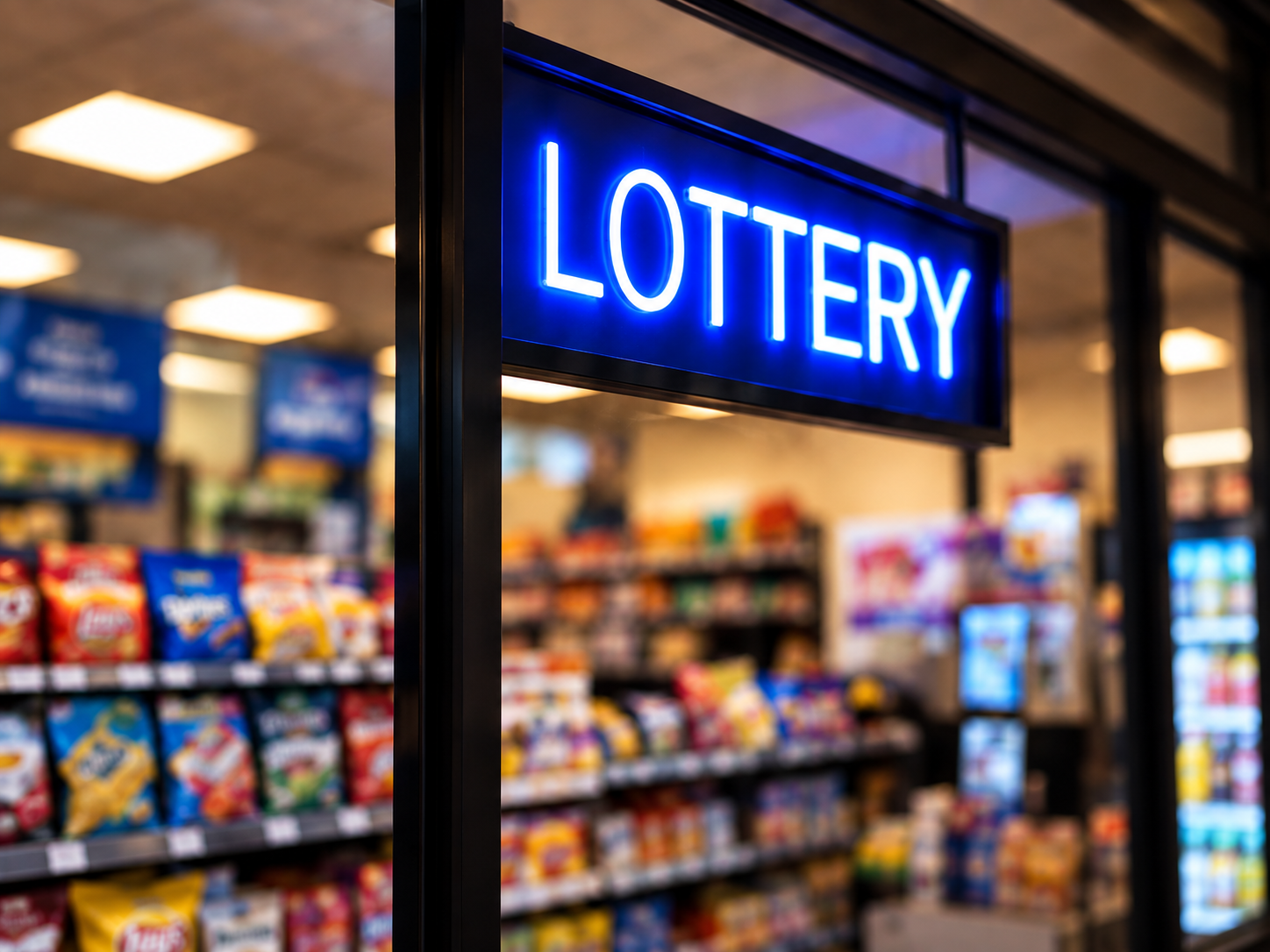 Blue illuminated lottery sign in a store window