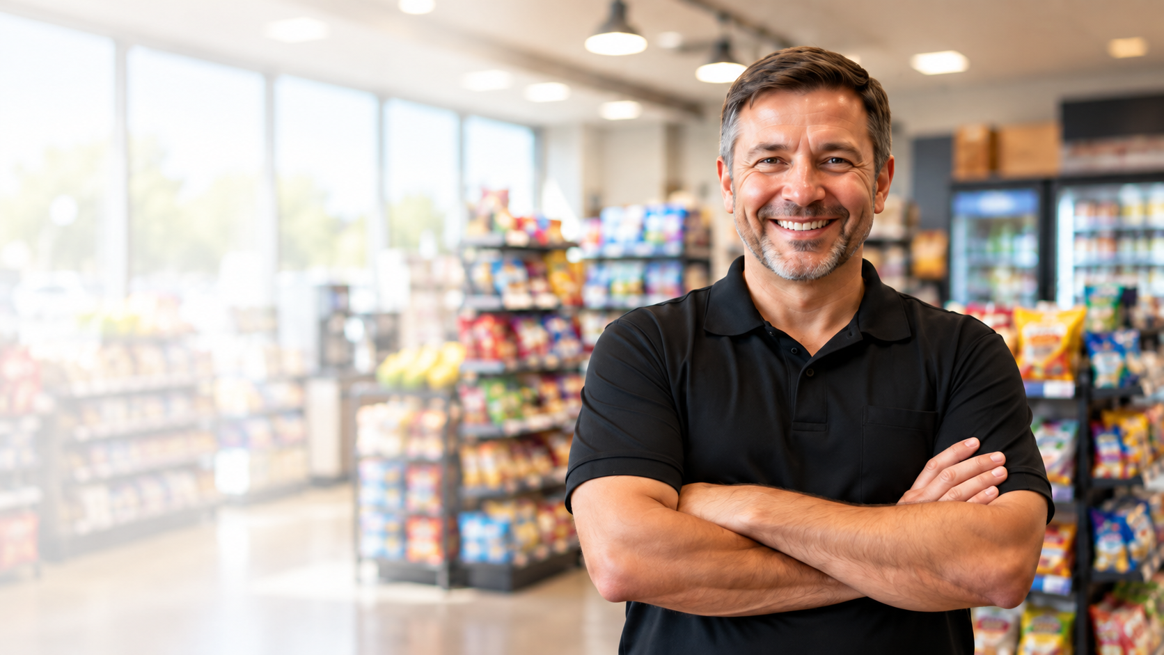 Store owner standing inside a convenience store